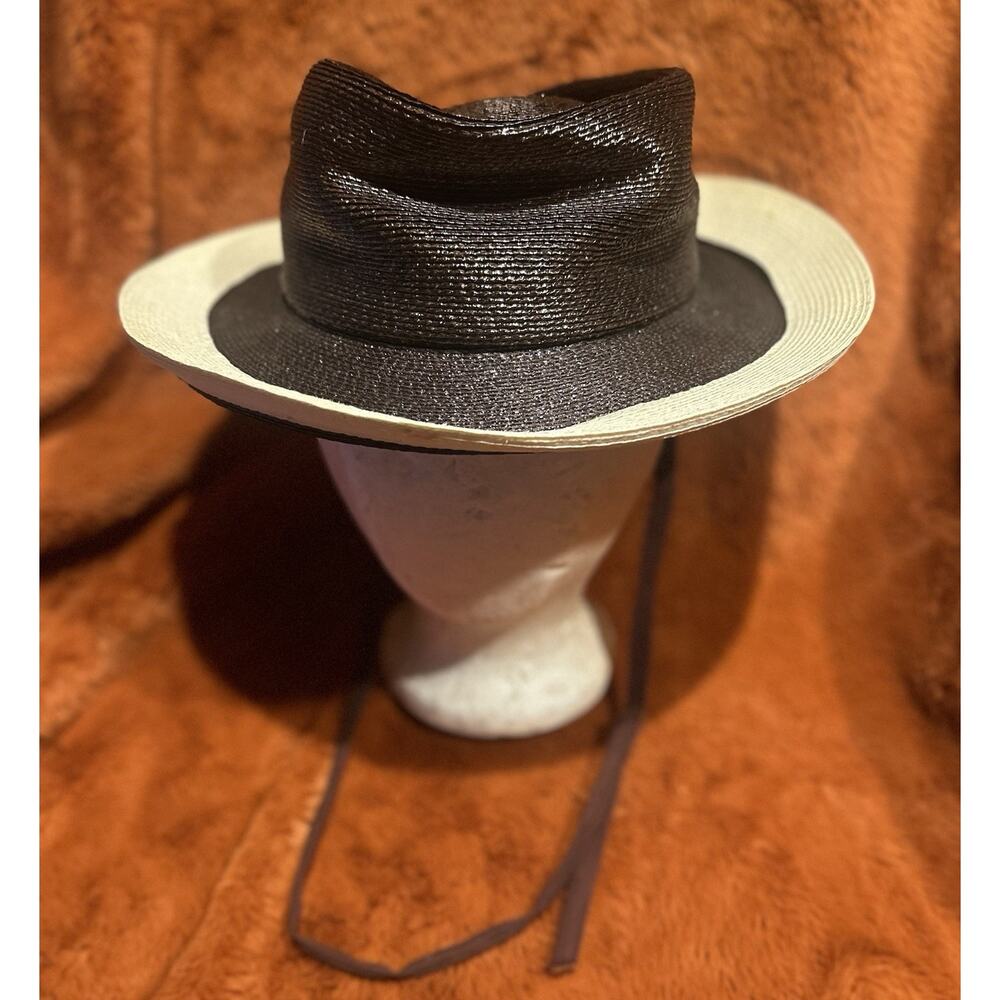 ADOLFO II Women's Hat Brown Woven Faux Straw Wide Brim with Patent Band Vintage